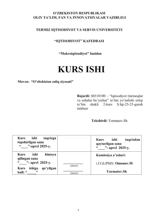 KURS ISHI O’zbekiston soliq siyosati