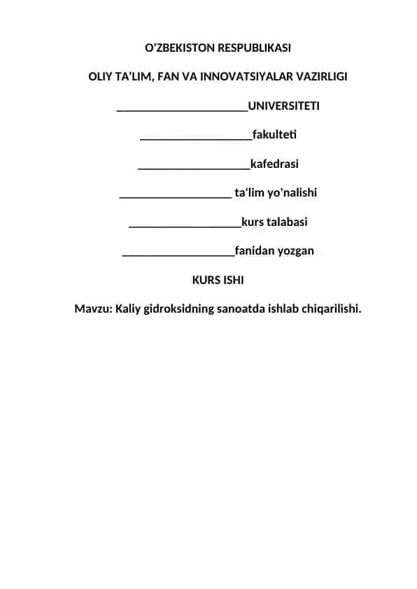 Kaliy gidroksidning sanoatda ishlab chiqarilishi.