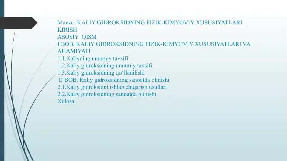 KALIY GIDROKSIDNING FIZIK-KIMYOVIY XUSUSIYATLARI