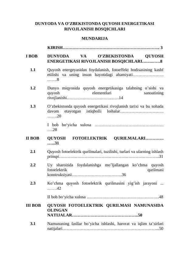 DUNYODA VA O’ZBEKISTONDA QUYOSH ENERGETIKASI RIVOJLANISH BOSQICHLARI