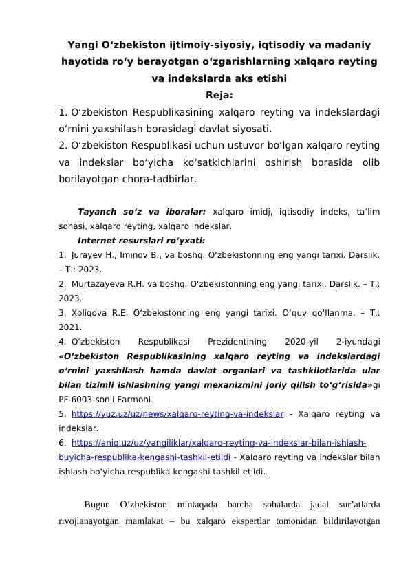 Yangi O'zbekiston ijtimoiy-siyosiy, iqtisodiy va madaniy hayotida ro'y berayotgan o'zgarishlarning xalqaro reyting va indekslarda aks etishi