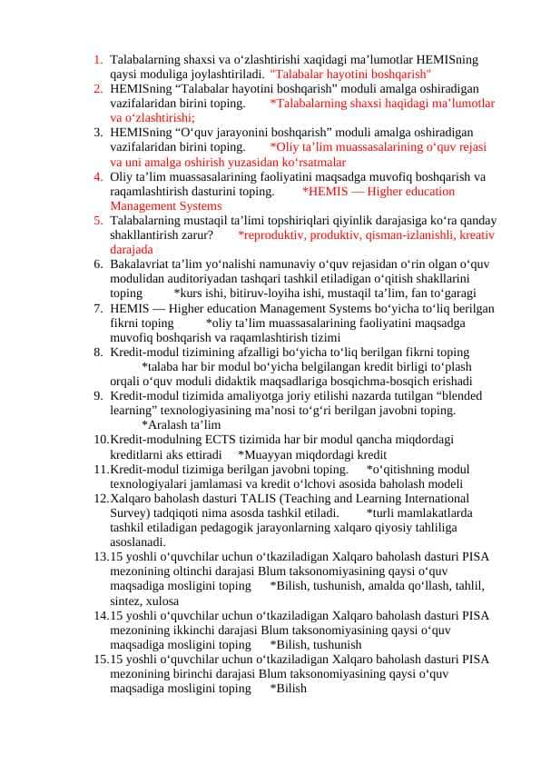 BIMM uchun 2000ta test
