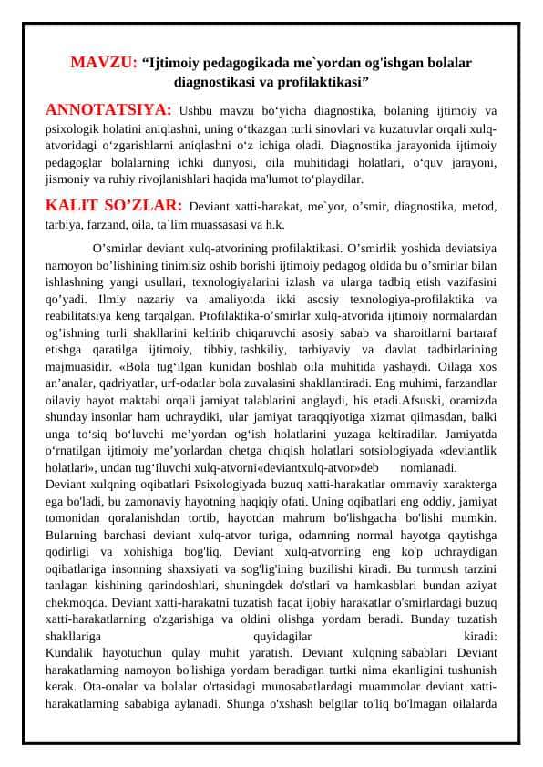 Ijtimoiy pedagogikada me`yordan og'ishgan bolalar diagnostikasi va profilaktikasi