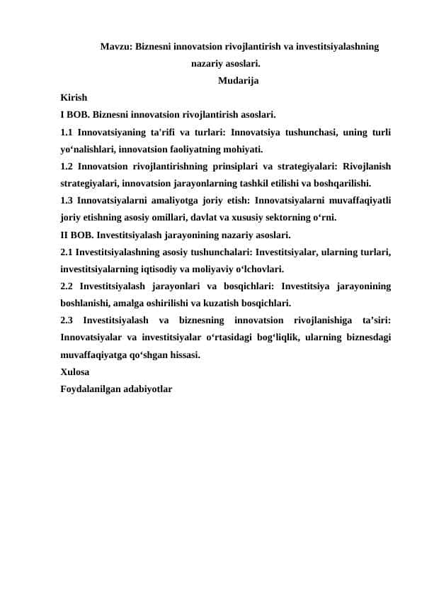 Biznesni innovatsion rivojlantirish va investitsiyalashning nazariy asoslari.
