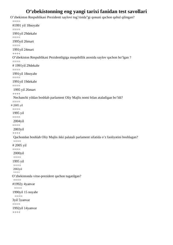 O'zbekistonning eng yangi tarixi fanidan test savollari, 200 ta savol javoblari bilan