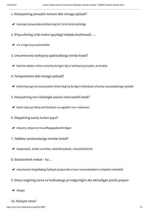 Pedagogika va psixologiya test savollari javoblari