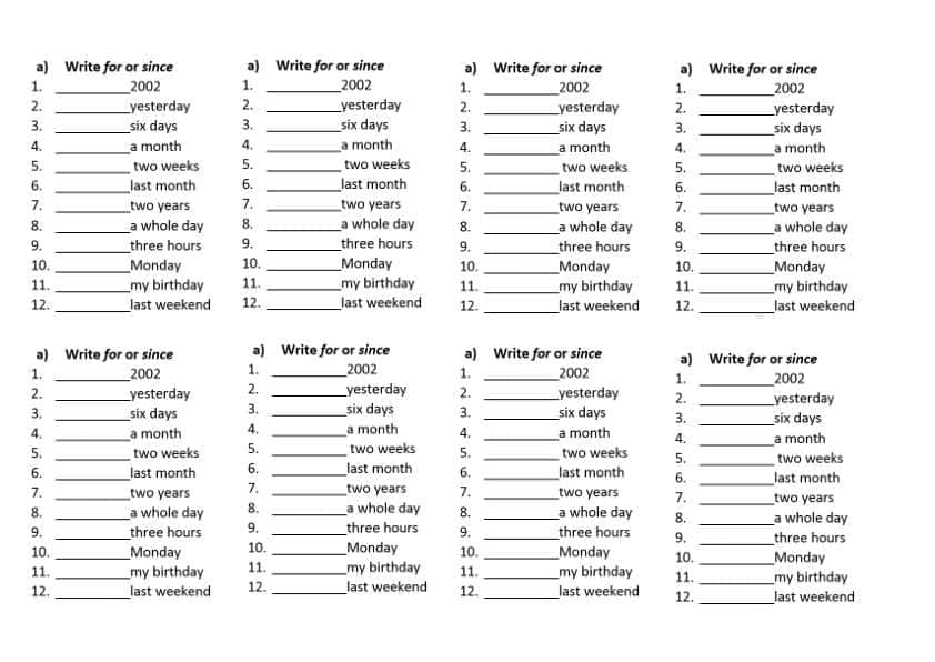 Handout - Perfect tense (since or for)