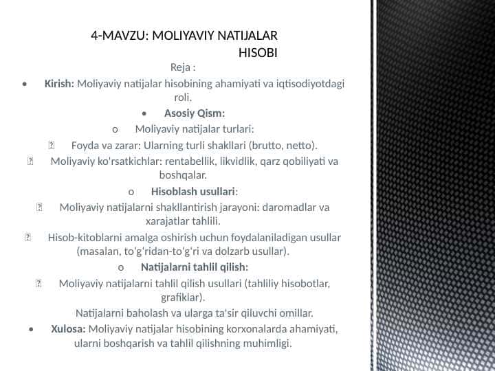 MOLIYAVIY NATIJALAR HISOBI