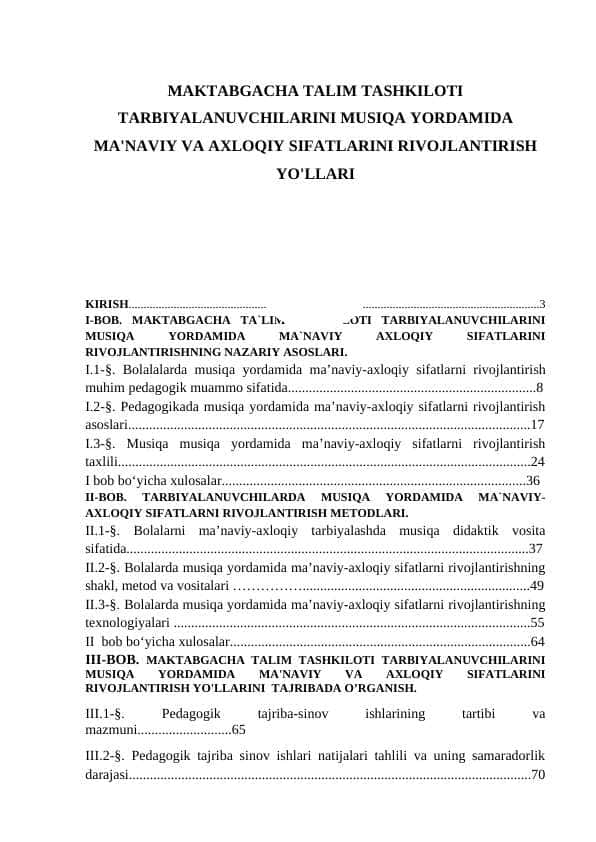 MAKTABGACHA TALIM TASHKILOTI TARBIYALANUVCHILARINI MUSIQA YORDAMIDA MA'NAVIY VA AXLOQIY SIFATLARINI RIVOJLANTIRISH YO'LLARI