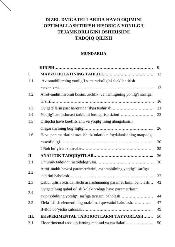 DIZEL DVIGATELLARIDA HAVO OQIMINI OPTIMALLASHTIRISH HISOBIGA YONILG‘I TEJAMKORLIGINI OSHIRISHNI TADQIQ QILISH