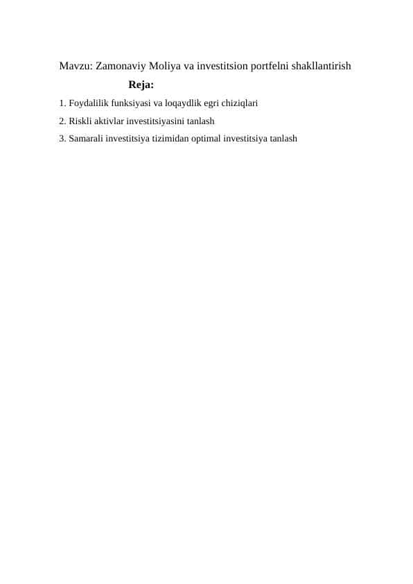 Zamonaviy Moliya va investitsion portfelni shakllantirish