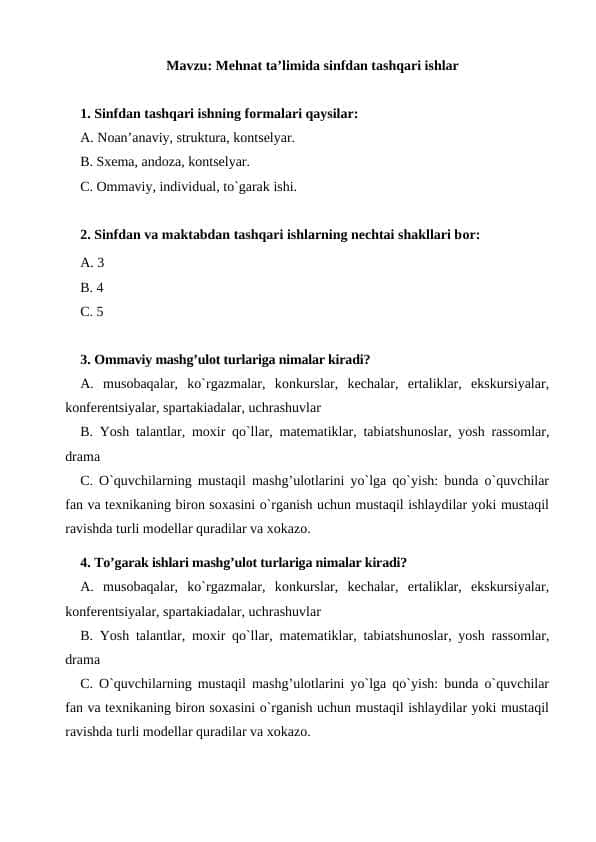 Mehnat ta’limida sinfdan tashqari ishlar