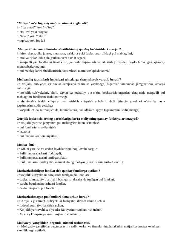 Moliya test, javoblari bilan