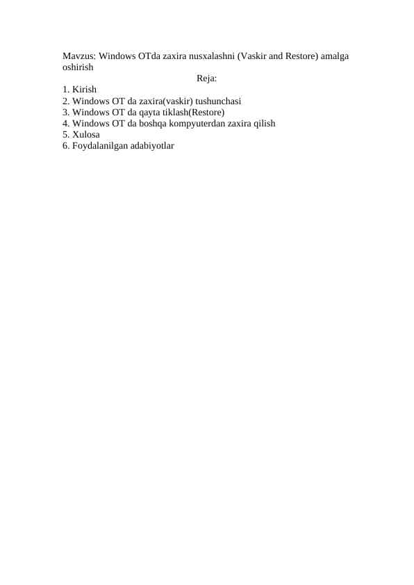 Windows OTda zaxira nusxalashni (Vaskir and Restore) amalga oshirish