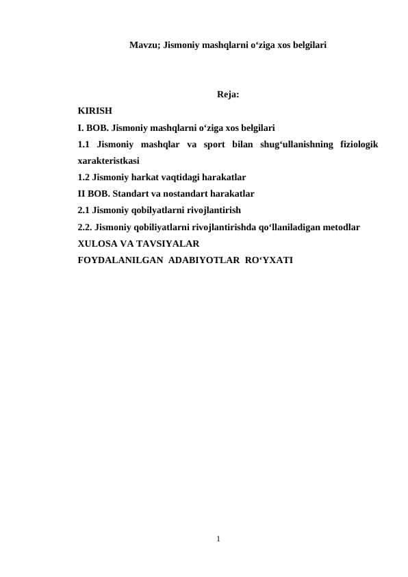 Jismoniy mashqlarni oʻziga xos belgilari