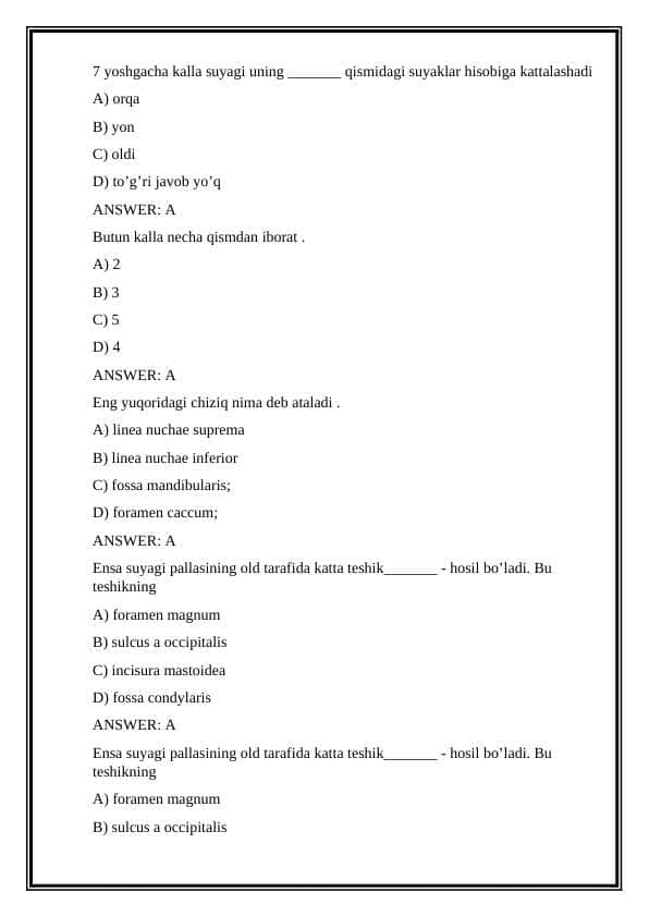 Anatomiya fanidan test - osteologiya