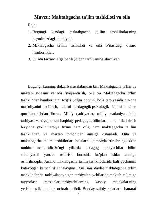 Maktabgacha ta'lim tashkiloti va oila