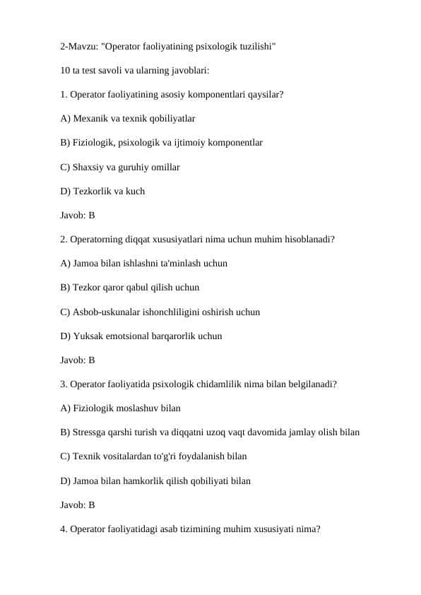 Operator faoliyatining psixologik tuzilishi"
