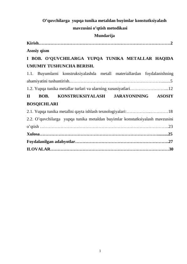 Oʼquvchilarga yupqa tunika metaldan buyimlar konstutksiyalash mavzusi