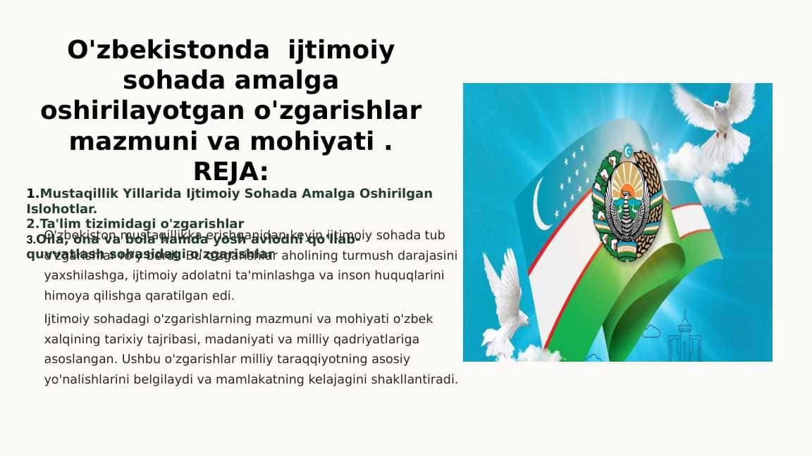 O'zbekistonda ijtimoiy sohada amalga oshirilayotgan o'zgarishlar