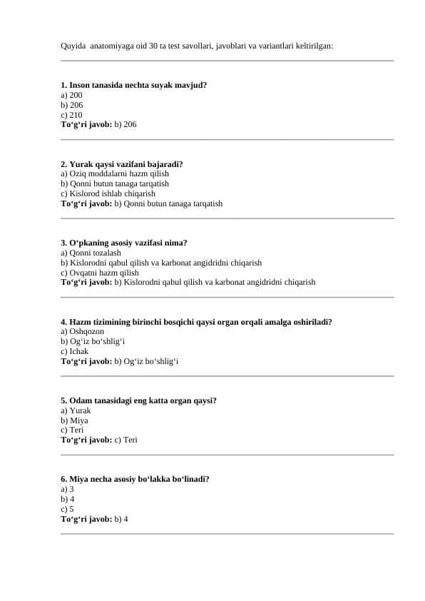 Anatomiyaga oid 30 ta test savollari