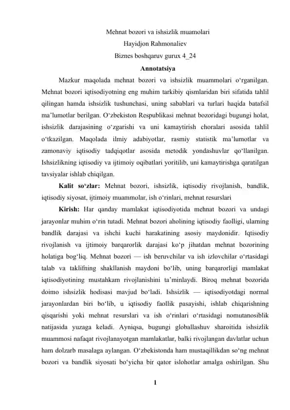 Mehnat bozori va ishsizlik muamolari