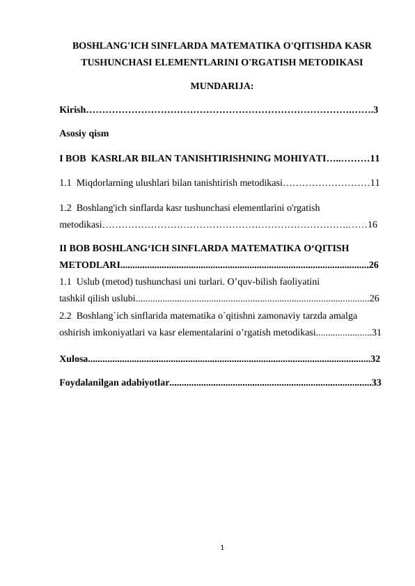 BOSHLANG'ICH SINFLARDA MATEMATIKA O'QITISHDA KASR TUSHUNCHASI ELEMENTLARINI O'RGATISH METODIKASI