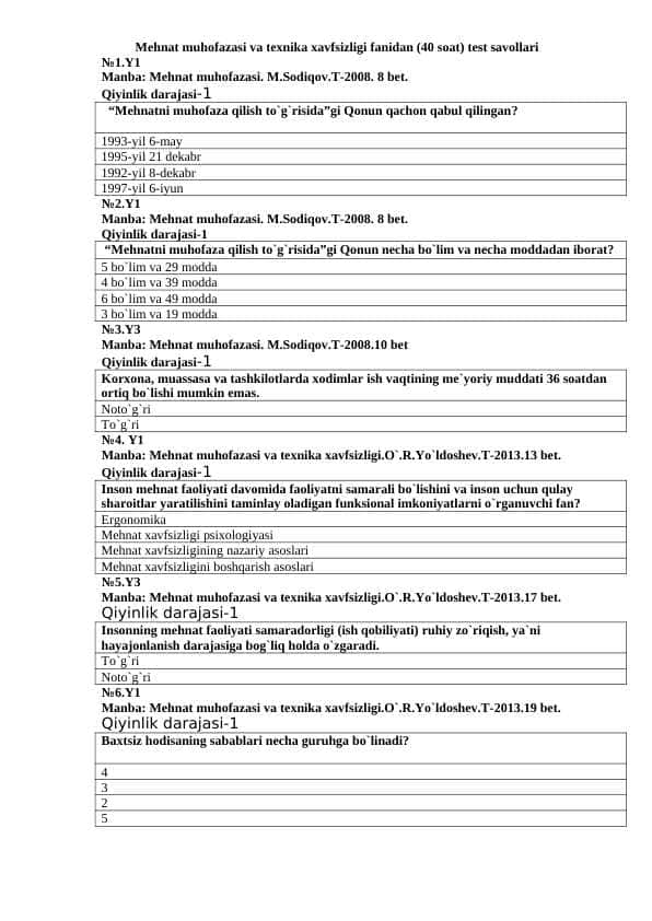 Mehnat muhofazasi va texnika xavfsizligi fanidan (90 ta) test savollari