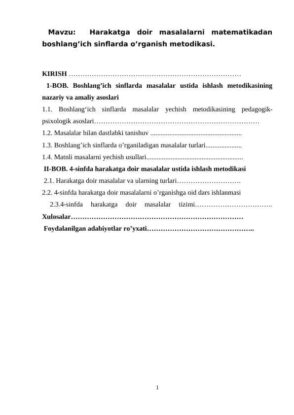 Harakatga doir masalalarni matematikadan boshlang'ich sinflarda o'qitish metodikasi