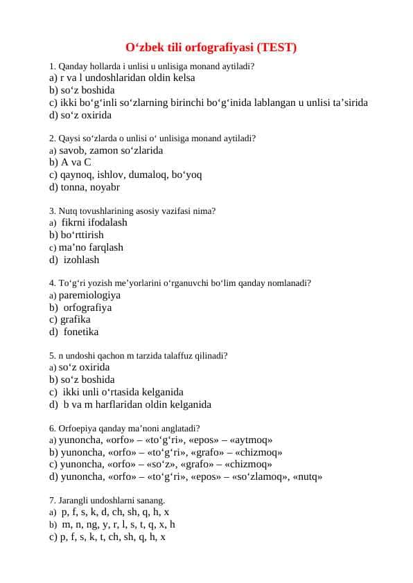 Oʻzbek tili orfografiyasi (TEST)