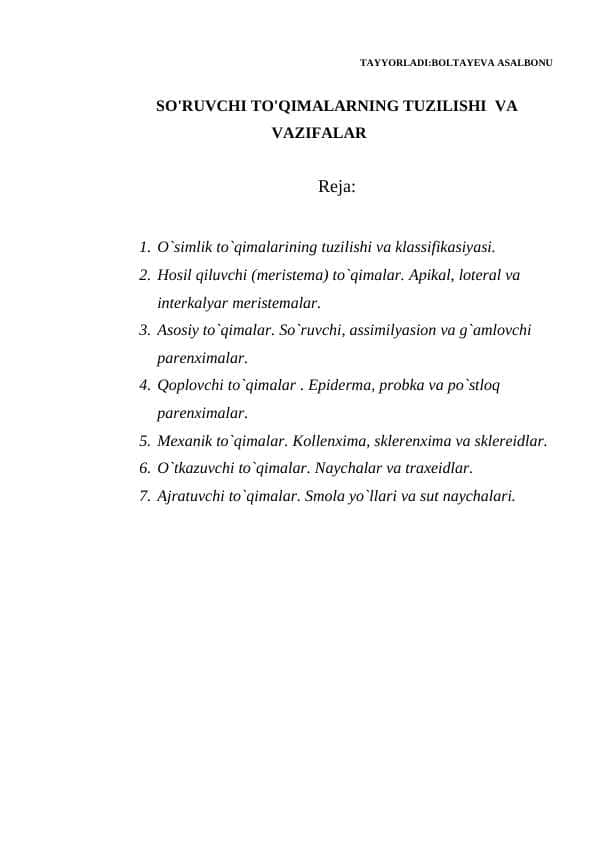 SO'RUVCHI TO'QIMALARNING TUZILISHI VA VAZIFALAR