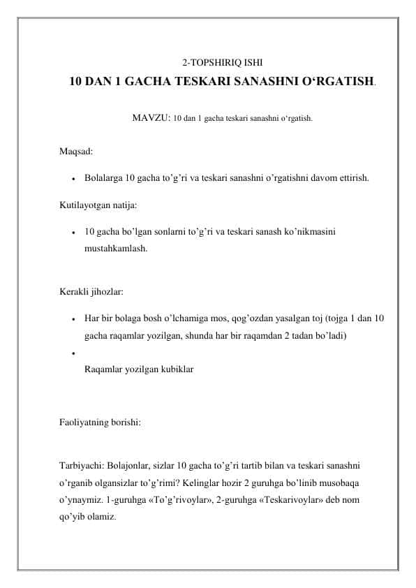 10 dan 1 gacha teskari sanashni o‘rgatish