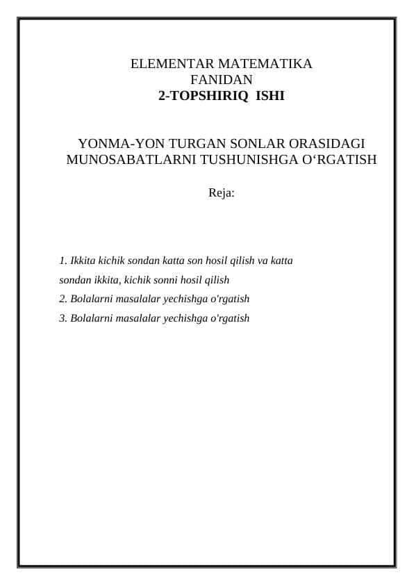 YONMA-YON TURGAN SONLAR ORASIDAGI MUNOSABATLARNI TUSHUNISHGA O‘RGATISH