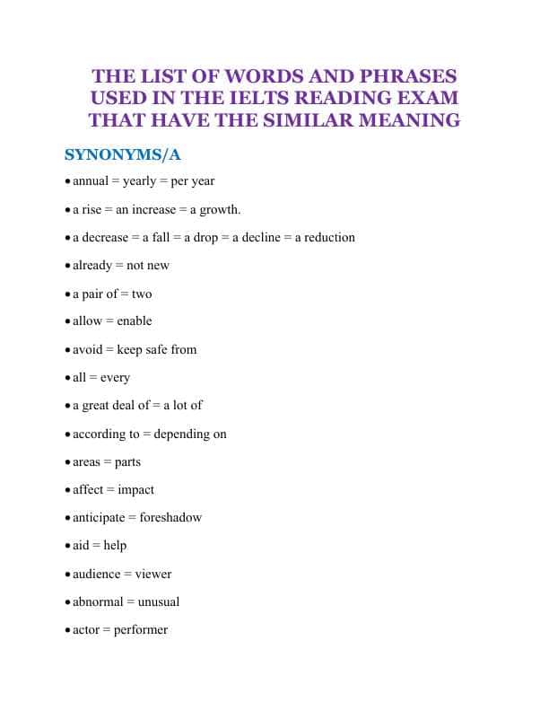 THE LIST OF WORDS AND PHRASES USED IN THE IELTS READING EXAM THAT HAVE THE SIMILAR MEANING.