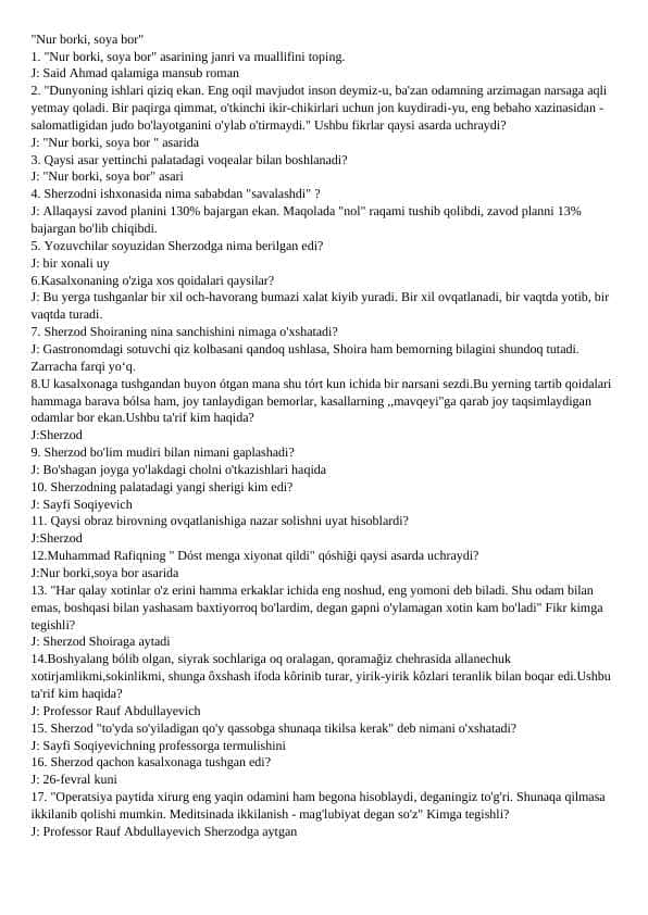 Nur borki soya bor savol javoblar