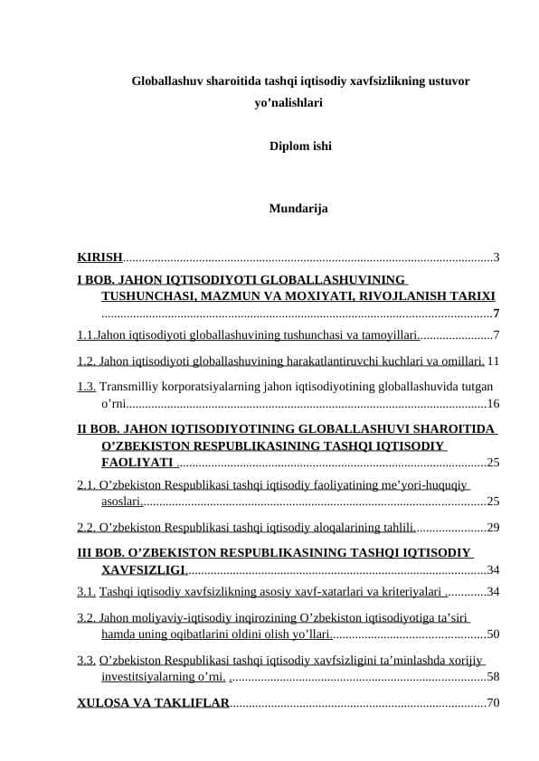 Globallashuv sharoitida tashqi iqtisodiy xavfsizlikning ustuvor yo’nalishlari