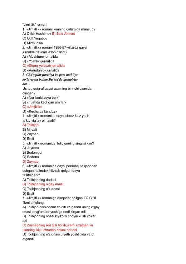 Jimjitlik romani savol javoblar