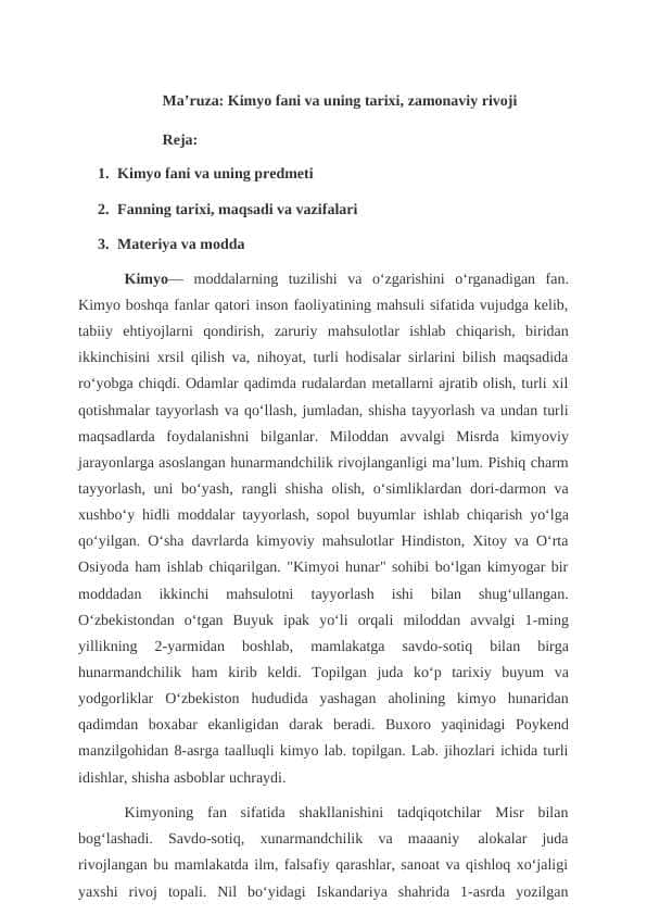 Kimyo fani va uning tarixi, zamonaviy rivoji