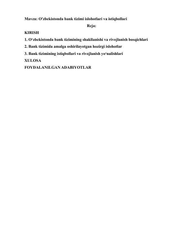 O'zbekistonda bank tizimi islohotlari va istiqbollari