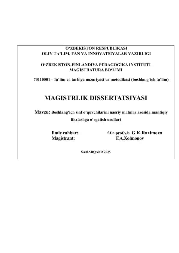 Boshlang`ich sinf o`quvchilarini nasriy matnlar orqali mantiqiy fikrlashga o`rgatish usullari