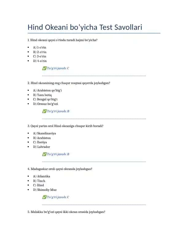 Hind Okeani bo’yicha Test Savollari