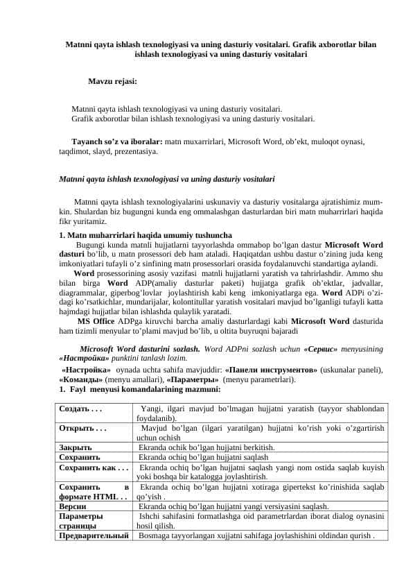 Matnni qayta ishlash texnologiyasi va uning dasturiy vositalari. Grafik axborotlar bilan ishlash texnologiyasi va uning dasturiy vositalari