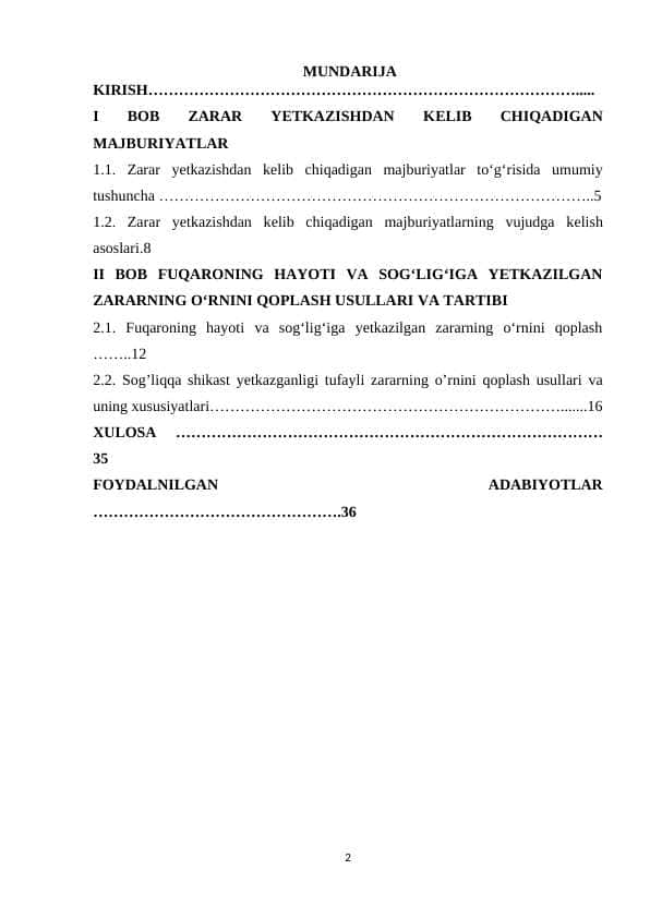 Sog’liqqa shikast yetkazganligi tufayli zararning o’rnini qoplash