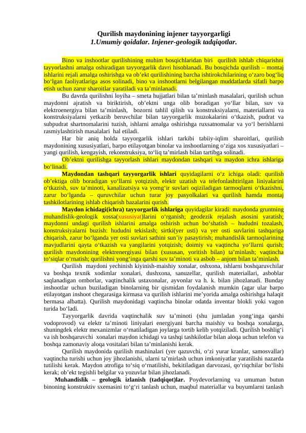 Qurilish maydonining injener tayyorgarligi