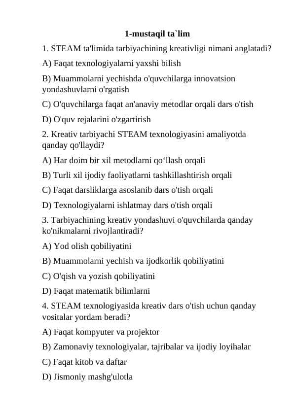 STEAM ta'limida tarbiyachining kreativligi
