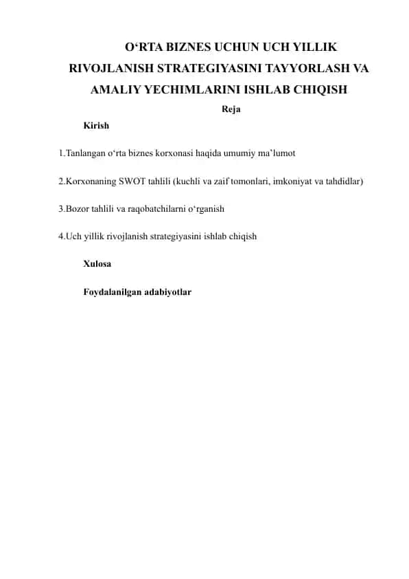 O‘RTA BIZNES UCHUN UCH YILLIK RIVOJLANISH STRATEGIYASINI TAYYORLASH VA AMALIY YECHIMLARINI ISHLAB CHIQISH