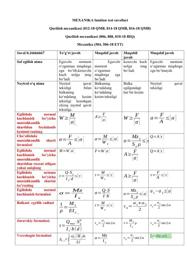 MEXANIKA fanidan test savollari