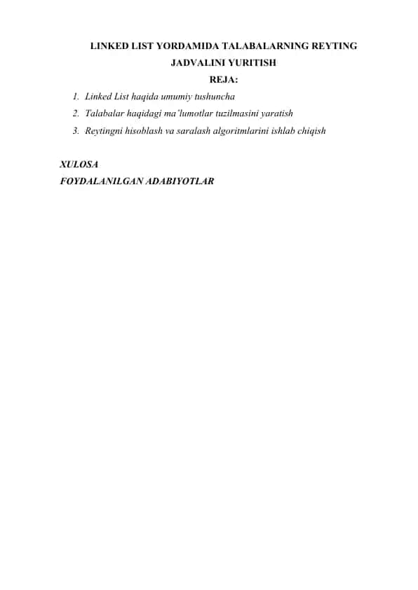LINKED LIST YORDAMIDA TALABALARNING REYTING JADVALINI YURITISH