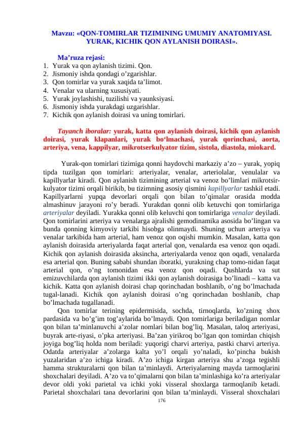 «QON-TOMIRLAR TIZIMINING UMUMIY ANATOMIYASI. YURAK, KICHIK QON AYLANISH DOIRASI».