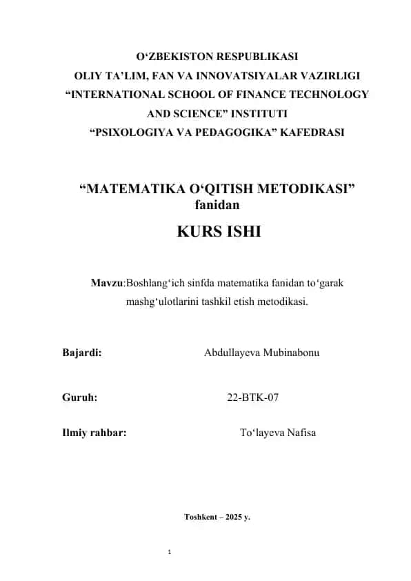 :Boshlangʻich sinfda matematika fanidan toʻgarak mashgʻulotlarini tashkil etish metodikasi.KURS ISHI